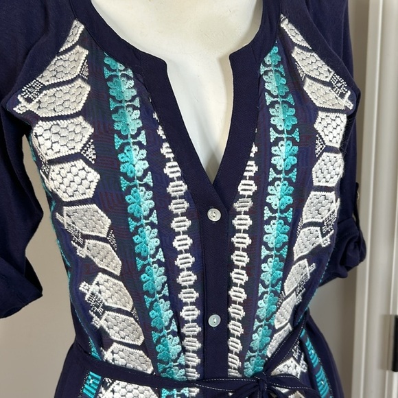 Anthropologie Tiny Nadia Shift Dress Embroidered Split Neck Blue Green Sz S NEW - Picture 4 of 15